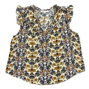 Rose & Olive Ruffled Cap Sleeve V Neck Floral Top White Blue Orange Size Large
